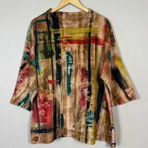 Ali Miles Abstract Artsy Tapestry Boxy Art To Wear Top Women's XL 3/4 Sleeve